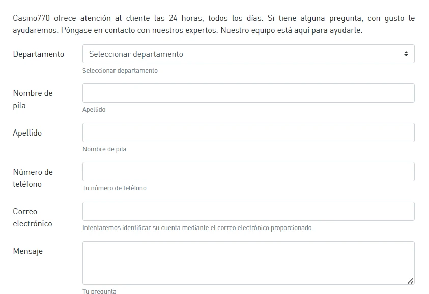 Atención al cliente en Casino770 — Seleccionar departamento